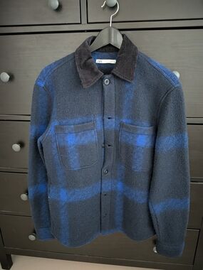Zara Navy & Blue Wool-Blend Shacket with Corduroy Collar